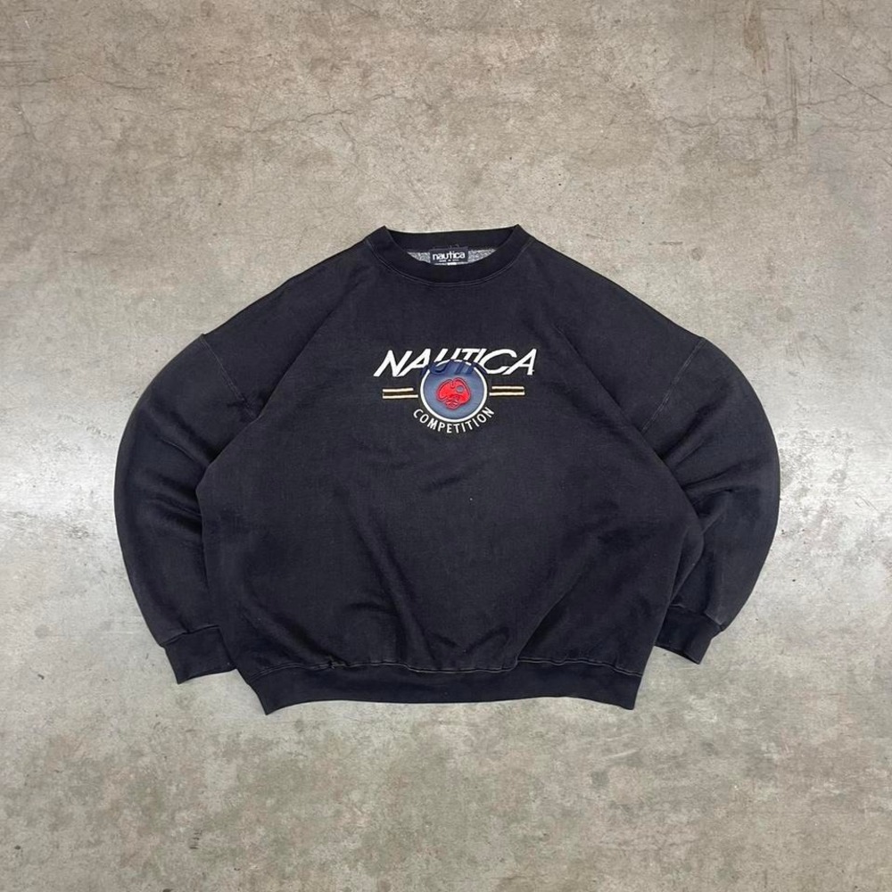 Vintage Nautica black crewneck sweatshirt with embroidered logo and spellout